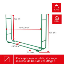 RANGE-BÛCHES - CHARGE MAX. 80 kg - 150-220 x 21-30 x 105 cm