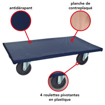 SUPPORT ROULANT POUR MEUBLES - RECTANGULAIRE - 650 x 400 mm - CHARGE MAX. 400 kg