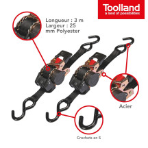 JEU DE 2 x SANGLE D'ARRIMAGE À CLIQUET - 300 kg - 3 m x 25 mm