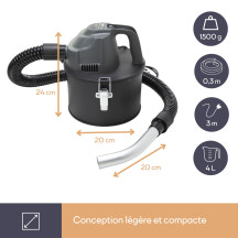 Mini aspirateur de cendres - 600W- 4L - avec tuyau flexible 0,3 m
