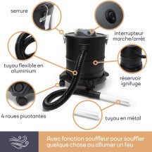 Aspirateur à cendres - 1200W- 20L - avec base roulante