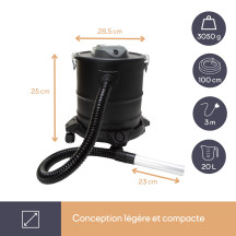Aspirateur à cendres - 1200W- 20L - avec base roulante
