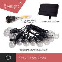 Solar LED - 15 m - 15 lampes blanc chaud - càble noir