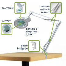 Lampe de bureau avec loupe, bras pivotant et pince - 5 dioptries - 22 W