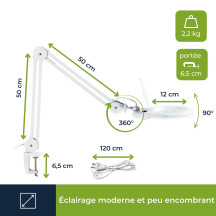 Lampe de bureau avec loupe, bras pivotant et pince - 5 dioptries - 22 W