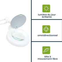 Lampe de bureau avec loupe, bras pivotant et pince - 8 dioptries - 22 W - blanche