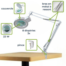 Lampe de bureau avec loupe, bras pivotant et pince - 8 dioptries - 22 W - blanche