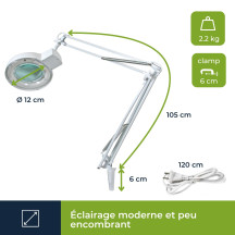 Lampe de bureau avec loupe, bras pivotant et pince - 8 dioptries - 22 W - blanche