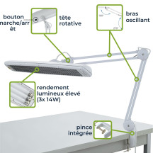 Lampe de bureau avec bras pivotant et pince - 3 tubes fluorescents de 14 W - blanche