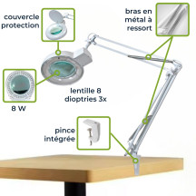 Lampe de bureau LED avec loupe intégrée - 8 dioptries - 8 W