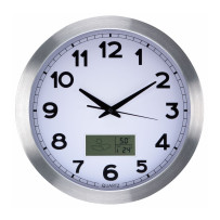 Horloge murale en aluminium avec écran LCD et thermomètre, hygromètre & prévisions météo - ø 35 cm