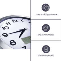 Horloge murale en aluminium avec écran LCD et thermomètre, hygromètre & prévisions météo - ø 35 cm