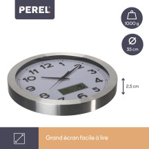 Horloge murale en aluminium avec écran LCD et thermomètre, hygromètre & prévisions météo - ø 35 cm