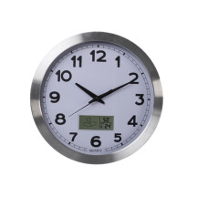 Horloge murale en aluminium avec écran LCD et thermomètre, hygromètre & prévisions météo - ø 35 cm