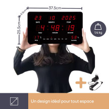 Horloge murale avec affichage LED - 37,8 x 25,8 x 2,5 cm