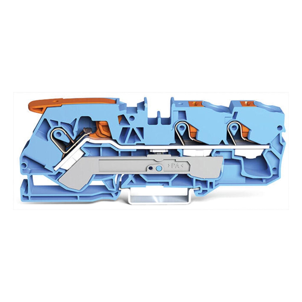 Borne de passage à 3 conducteurs avec levier et bouton-poussoir 10 mm², bleu