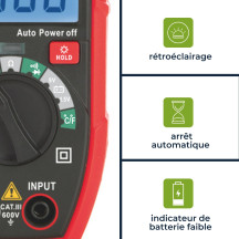 Petit multimètre numérique robuste - CAT III - 600 V - 7 fonctions