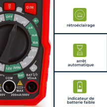 Multimètre numérique universel antichoc à valeur efficace vraie - CAT III - 600 V - 8 fonctions