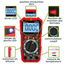 Multimètre numérique universel antichoc à valeur efficace vraie - CAT III - 600 V - 8 fonctions