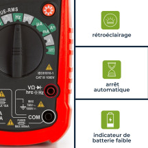 Multimètre numérique antichoc Auto-range true RMS - CAT III - 1000 V - 8 fonctions