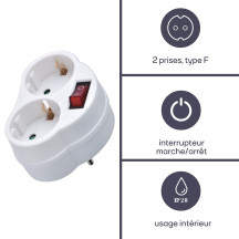 Prise intermédiaire avec interrupteur on/off - 2 prises - Schuko