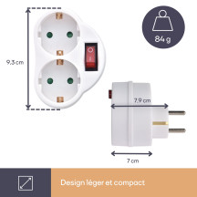 Prise intermédiaire avec interrupteur on/off - 2 prises - Schuko