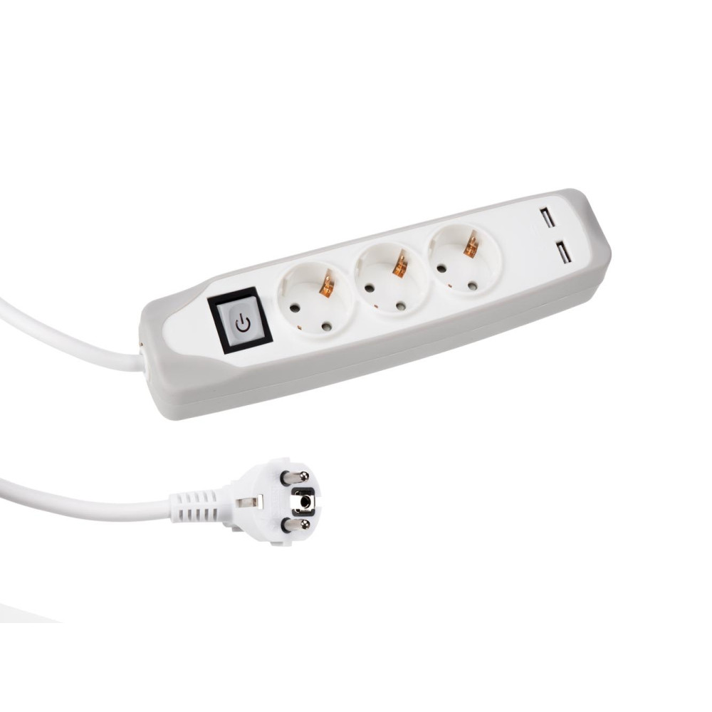Multiprise à 3 voies avec interrupteur - 2 ports USB - câble de 1,5 m - mise à la terre