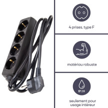 Prise à 4 sorties - câble de 1,5 m - noire - mise à la terre