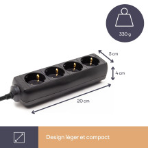 Prise à 4 sorties - câble de 1,5 m - noire - mise à la terre