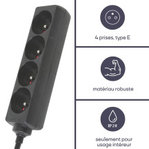 Multiprise à 4 prises - câble de 5 m - noir - prise de terre