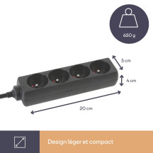 Multiprise à 4 prises - câble de 5 m - noir - prise de terre