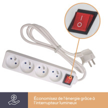 Multiprise 4 prises avec interrupteur - câble de 1,5 m - blanche - prise de terre