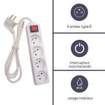 Multiprise 4 prises avec interrupteur - câble de 3 m - blanc - prise de terre