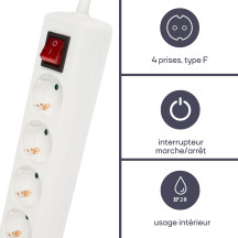 Multiprise 4 voies avec 3 prises et interrupteur - 1,5 m - mise à la terre