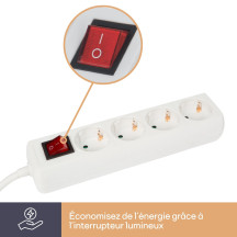 Multiprise 4 voies avec 3 prises et interrupteur - 1,5 m - mise à la terre