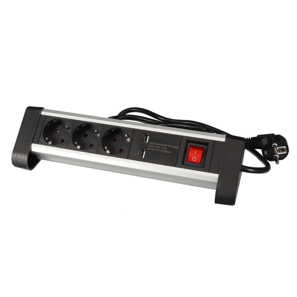 MULTIPRISE DE TABLE - 3 PRISES - 2 PORTS USB - 2.4 A - TERRE ALLEMANDE