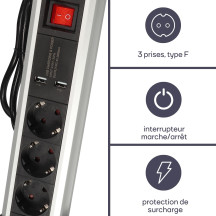 MULTIPRISE DE TABLE - 3 PRISES - 2 PORTS USB - 2.4 A - TERRE ALLEMANDE