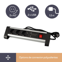 MULTIPRISE DE TABLE - 3 PRISES - 2 PORTS USB - 2.4 A - TERRE ALLEMANDE