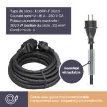 RALLONGE EN CAOUTCHOUC - 5 m - NOIR - 3G2.5 - TERRE FRANÇAISE