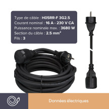 RALLONGE EN CAOUTCHOUC - 25 m - NOIR - 3G2.5 - TERRE FRANÇAISE