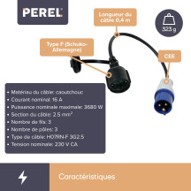 CÂBLE ADAPTATEUR AVEC PRISE SCHUKO VERS FICHE CEE - TERRE ALLEMANDE - H07RN-F 3G2.5 - 0.4 m