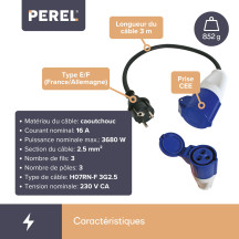 CÂBLE ADAPTATEUR AVEC FICHE SCHUKO VERS PRISE CEE - 3 m
