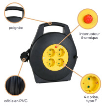 ENROULEUR DE CÂBLE 10 m - 3G1.5 - 4 PRISES - PRISE ALLEMANDE