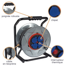 ENROULEUR NÉOPRÈNE AVEC SYSTEME "ANTI-TWIST" - 25 m - 3G2.5 - 4 PRISES - TERRE FRANÇAISE