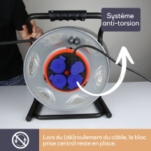 ENROULEUR NÉOPRÈNE AVEC SYSTEME "ANTI-TWIST" - 25 m - 3G2.5 - 4 PRISES - TERRE FRANÇAISE
