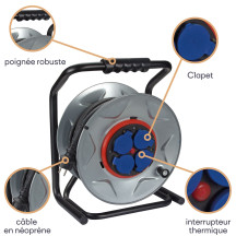 ENROULEUR NEOPRENE AVEC SYSTEME "ANTI-TWIST" - 40 m - 3G2.5 - 4 PRISES - TERRE FRANÇAISE