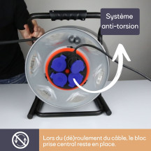 ENROULEUR NEOPRENE AVEC SYSTEME "ANTI-TWIST" - 40 m - 3G2.5 - 4 PRISES - TERRE FRANÇAISE