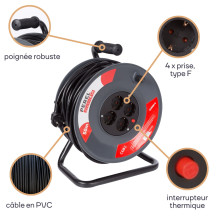 ENROULEUR 50 m - 3G1.5 - 4 PRISES - PRISE ALLEMANDE