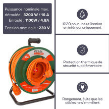 ENROULEUR DE CÂBLE POUR JARDIN 50 m - 3G1.5 - PRISE ALLEMANDE