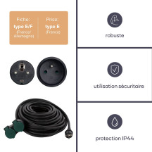 RALLONGE ÉLECTRIQUE AVEC 2 PRISES - USAGE EXTÉRIEUR - 10 m - NOIR - 3G2.5 - TERRE FRANÇAISE